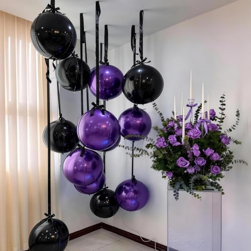Image of 9 Pcs Black Purple Round Foil Balloons Black Metallic Dark Purple Chrome 4D Ball Balloons 22 In Orbz Mylar Balloon for Graduation Grad Birthday Wedding Anniversary Disco Party Decorations