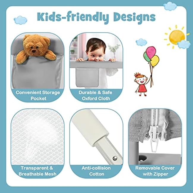 BABY JOY Bed Rail for Toddlers, 77'' Extra Long, Height Adjustable & Foldable Baby Bed Rail Guard w/Storage Pocket & Double Safety Child Lock for Kids Twin Double Full Size Queen King Mattress (Gray)