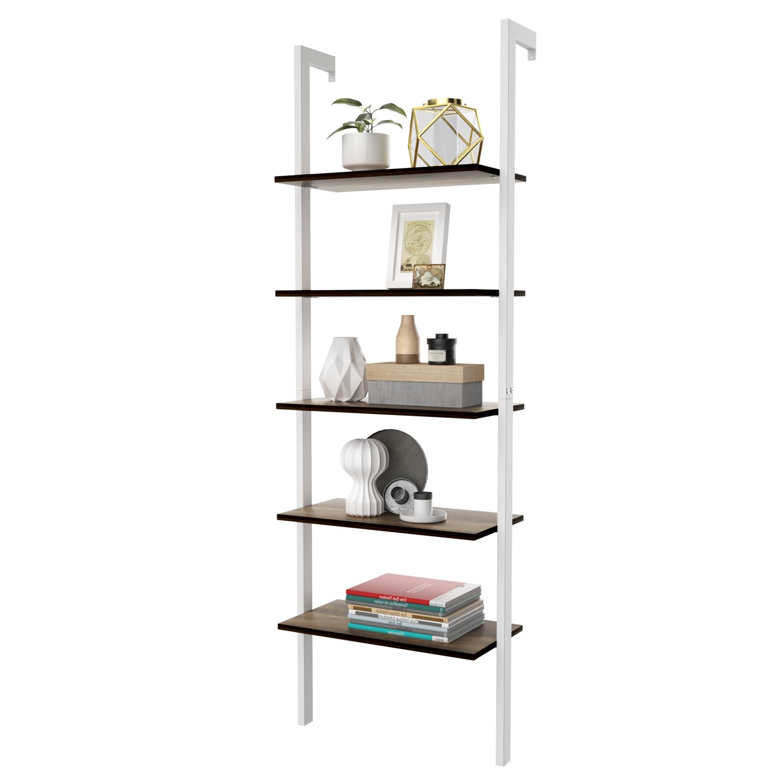 HOMASIS Estantería Escalera con 5 Niveles, librería de Pared con Estructura de Metal, estantes de Almacenamiento, Moderna estantería de pie, para Oficina en casa, salón, 61 x 30 x 183 cm (Blanco)