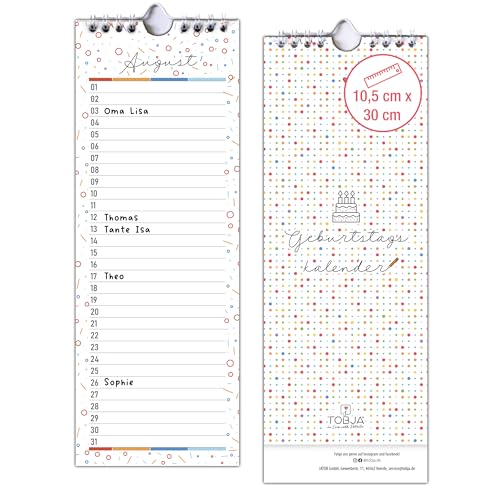 TOBJA Immerwährender Geburtstagskalender jahresunabhängig mit Wire-O Bindung – 11 x 30 cm – Wandkalender ohne Jahr – Kalender für Geburtstage & besondere Daten
