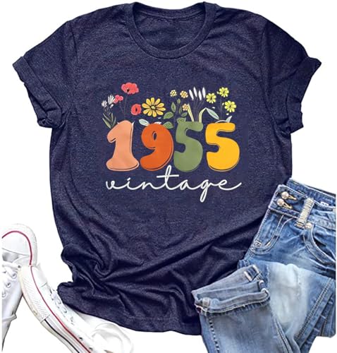 Women 70th Birthday Shirt Vintage 1955 Tshirt Seventy Bday Gift Casual Birthday Apparel Flower Graphic Short Sleeves Tee