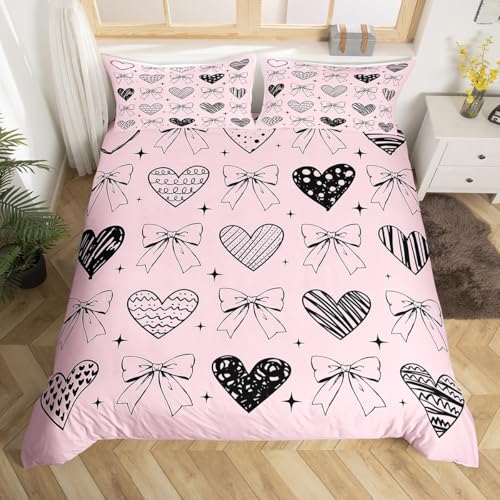 Manfei Bow Hearts Print Duvet Cover Queen Size for Kids Teens,Kids Hand Drawn Graffiti 3 Pieces Duvet Cover,Cute Bow Princess Style Soft Comforter Cover (Not Comforter),Dreamy Girls Pink Quilt Cover
