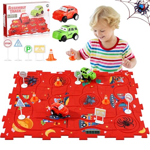 Puzzle Racer Kids Car Track Set,Toddler Toys Gifts for 3-5 Year Old Boys,Spider Puzzle Tracks Car Toys for Boys Ages 3 4 5 6,Montessori Educational Learning Toy for Kids Birthday