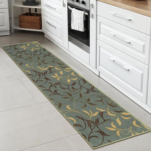 Ottomanson Ottohome   Alfombra rectangular, base de goma, diseño de hojas contemporáneo, 57 x 210 cm, color verde (Seafoam)
