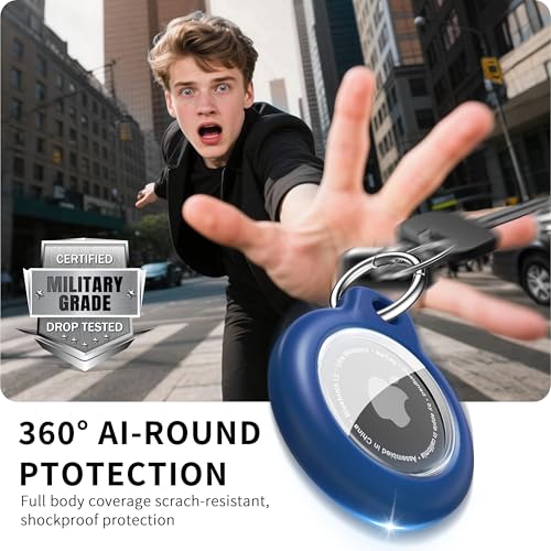 Image of RFUNGUANGO Apple AirTag Holder with Key Ring 4 Pack AirTag Case, Hard Protective AirTag Case for Kid, Pet, Luggage, Backpack, Key - (Black-2P,Blue-2P)