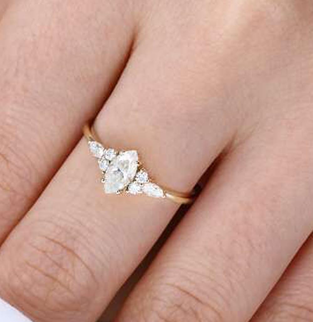 1.50 Ct Marquise Cut Moissanite Engagement Ring 14K Vermeil White Gold Classic Diamond Side Stones Wedding Promise Ring Gift for Women