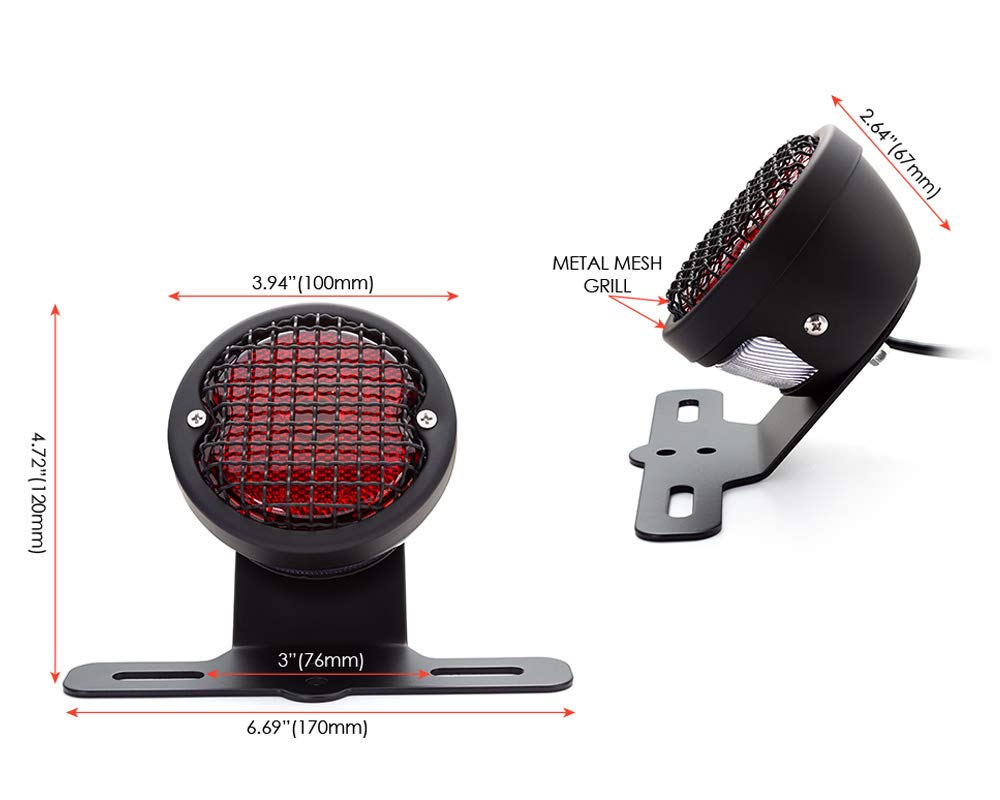 Alchemy Parts Feu stop arrière à LED vintage avec grille en maille rétro et support de plaque d'immatriculation | Idéal pour les cafés coureurs, choppers et vélos personnalisés | LED 12 V (noir)