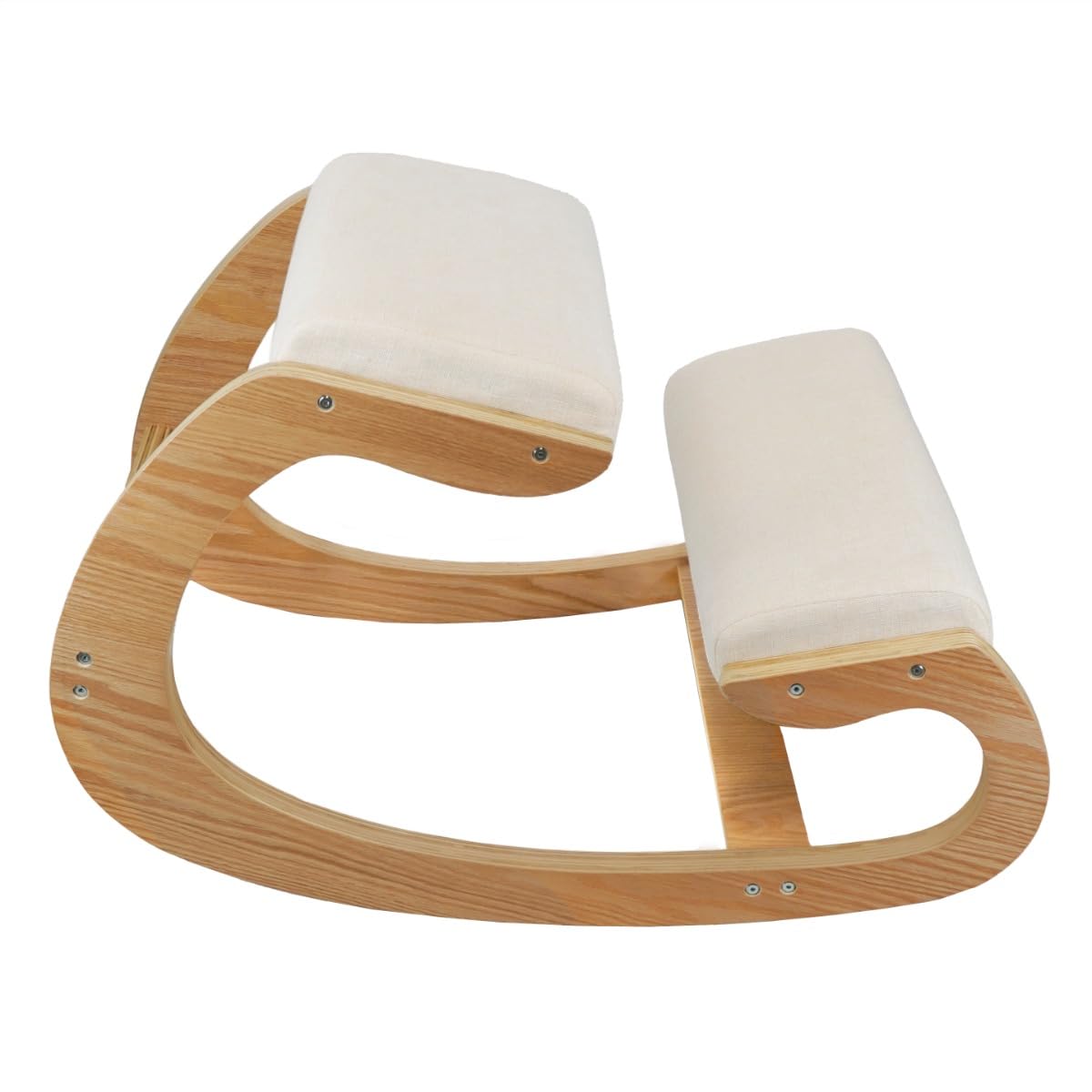 Chaise Ergonomique à genoux en Chêne - Coussins Blancs en lin épais 8cm - Bureau & Maison - Siège à bascule orthopédique – Meilleure posture & soulagement - Jusqu’à 100kg - 2x Repose-Poignets OFFERTS