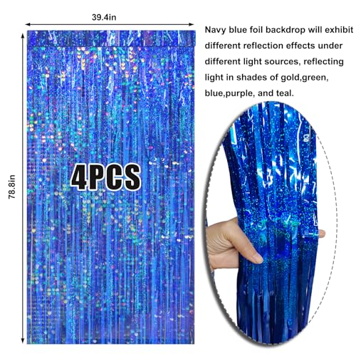 Image of 4 Packs Blue Foil Fringe Curtain, Navy Blue Metallic Tinsel Backdrop for Birthday, Wedding, Baby Shower, Bachelorette, Graduation, Galaxy Space Party Decorations Supplies
