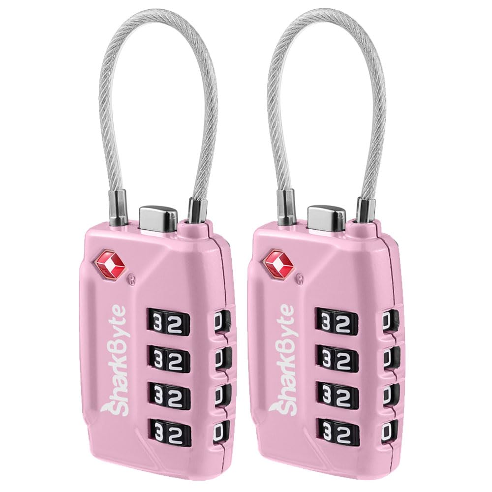 SharkByte TSA Approved Luggage Locks | Wire, 4-Digit Combo (10K Combinations) | Secure Suitcase & Gym Bags (2 Pack) Pink