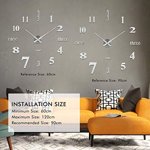 SOLEDI 3D Wanduhr Groß XXL zum Kleben - DIY Mute Modern Uhr Wandtattoo für Wohnzimmer Küche Schlafzimmer Office (60-120cm)