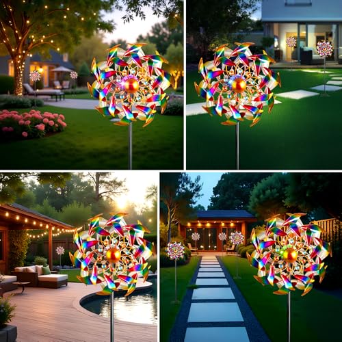 Image of Solar Wind Spinners for Yard and Garden - 360 Metal Large Wind Sculptures Outdoor Clearance Kinetic Windmills with 4 Layer Jeweled Blades for Patio, Lawn Garden Decoration - 54Inch