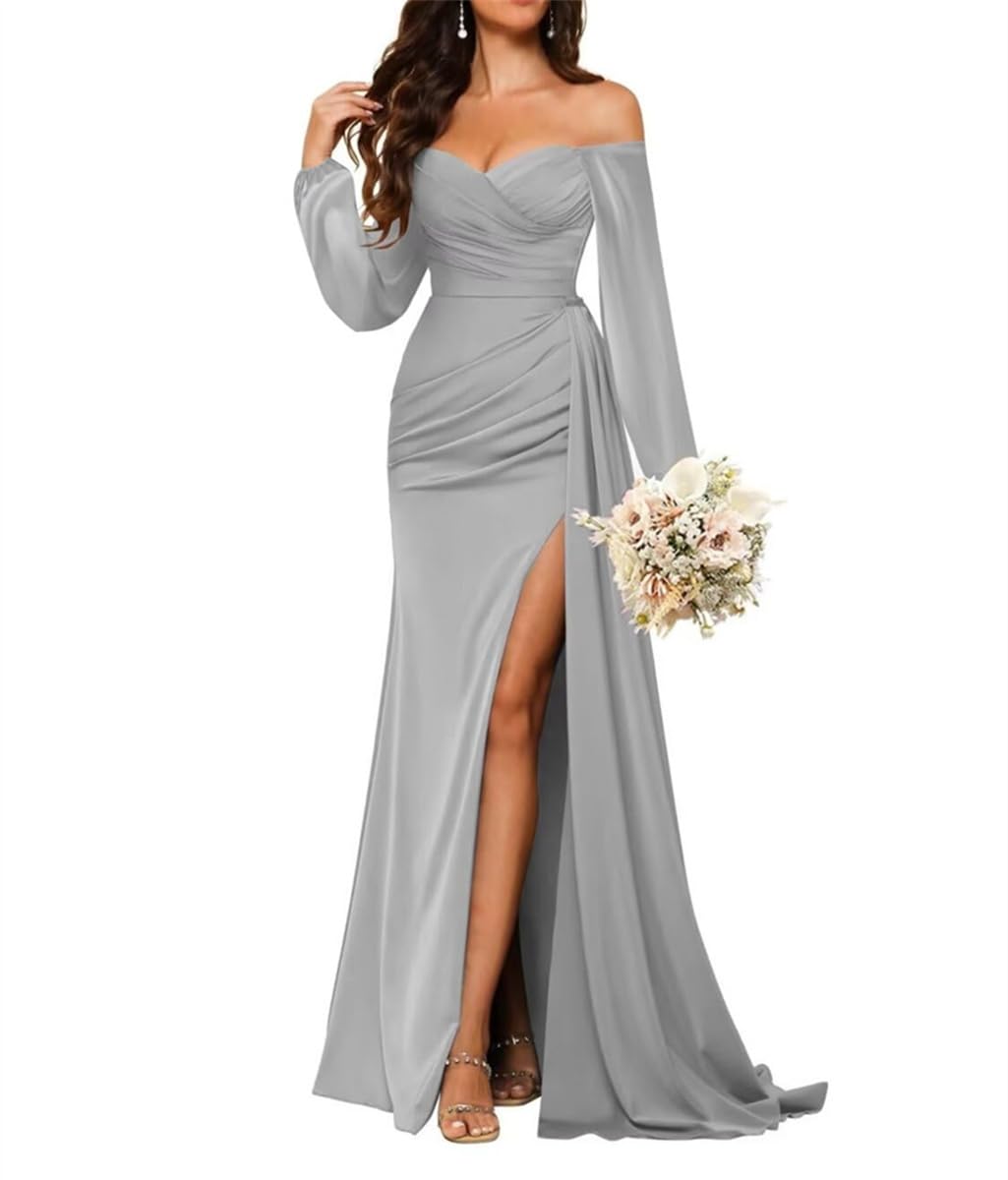 Women's Off Shoulder Satin Slit Bridesmaid Dresses Long Sleeve Backless Mermaid Prom Gown HLSA54 Silver UK12