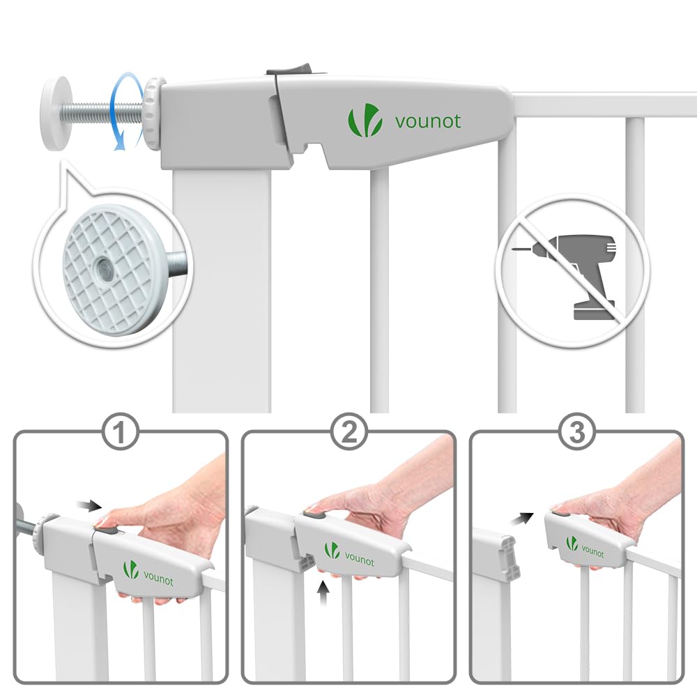 VOUNOT Cancelletto di Sicurezza per Cani, Scale, 75-108 cm, Fissaggio a Pressione senza Fori, Bianco Metallo