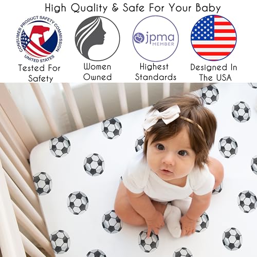 Image of Sweet Jojo Designs Fitted Baby Crib Sheets (Soccer Ball) for Boys or Girls, Infant Nursery, Toddler Room - Standard Size (Black & White Sports Balls for the Watercolor, Vintage Sport Theme Collection)