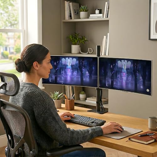 Image of BIJASANI Dual Monitor Stand | 2 Screen Mount | Large Dual C-Clamp | 440mm Pole | 10 KG Per Arm | 10-32 inch | Tilt Swivel 360 Rotation | Height Adjustable | 3 Year Warranty | WFH Gaming Trading