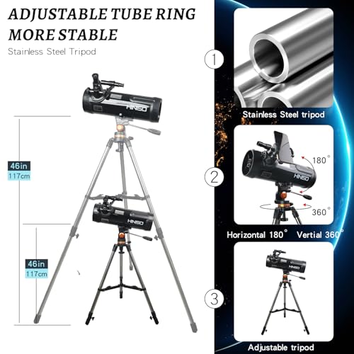 Image of HINISO 114AZ Astronomical Telescope for Adults, Beginners & Students | 114mm Reflector with 1000mm Focal Length | BT Remote, Phone Adapter & Tripod | 40x-200x Magnification | Moon & Planet Viewing