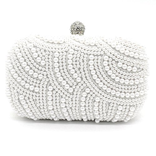Kingluck New Fashion Pearl Beaded with Pu Clutch Bag Popular Design Shining Pearl Lady Evening Bag, White, 16cm (L) x 10cm (H) x 5cm (W).