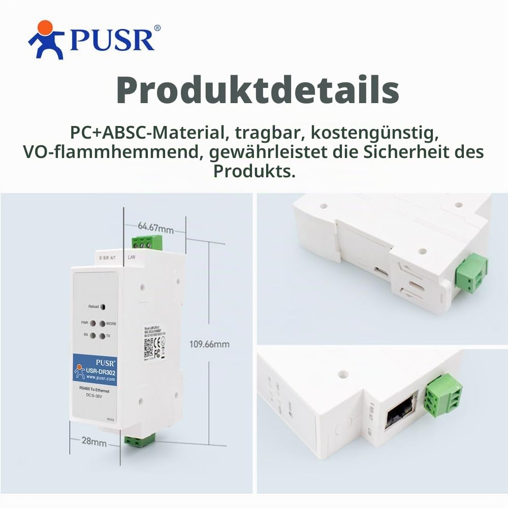 DIN-Schiene RS485 zu Ethernet Konverter Modbus RTU zu TCP Modbus Gateway überträgt Daten transparent zwischen TCP/IP und RS485 Benutzerdefinierte Webseite USR-DR302