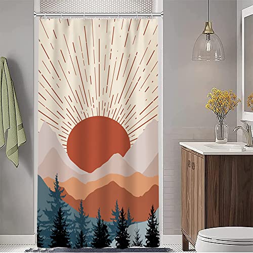Ruelvth Stall Shower Curtain Mid Century Boho Sunrise Small Shower Curtain Waterproof Abstract Terracotta Mountain Forest Narrow Shower Curtain Set with Hooks 36x72 Inch