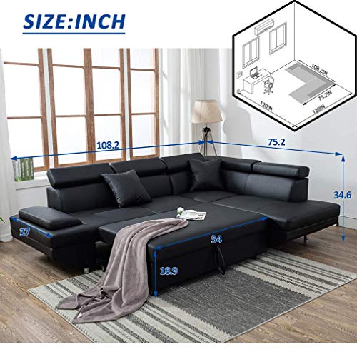 Fdw Sofa Sectional Futon Sofa Bed Sofa For Living Room Couches And Sleeper Sofa Pu Leather Sofa Set Corner Modern Queen 2 Piece Contemporary Upholstered，Black #TOP6