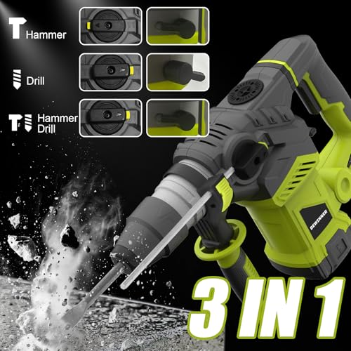 DEWINNER 1500W SDS Plus Rotary Hammer Drill, 3 Mode, Vibration Control & Safety Clutch, 360° Auxiliary Handle for Concrete Drilling & Demolition, 3 Drill Bits, Flat/Point Chisels & Carry Case (DWT001) 5 DEWINNER 1500W SDS Plus Rotary Hammer Drill, 3 Mode, Vibration Control & Safety Clutch, 360° Auxiliary Handle for Concrete Drilling & Demolition, 3 Drill Bits, Flat/Point Chisels & Carry Case (DWT001) - Image 5