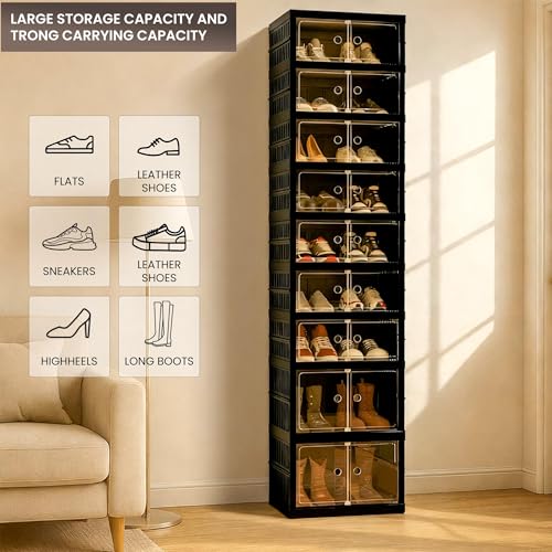 Image of Foldable Shoe Organizer Storage Box Set of 6, Portable Extra Large Folding Shoe Rack for Closet, Shoe Storage Box with Magnetic Transparent Door and Wheels, 9 Layers 18 Grids with 4 Big Grids