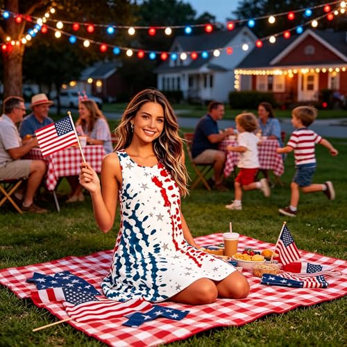 Image of Roshop Womens Juneteenth Flag Sleeveless Dress 4th of July Patriotic Swing Sundress with Pockets