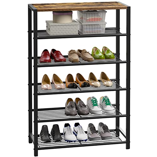 Yusong 6-Tier Narrow Shoe Rack for Closet, Small Shoe Storage Organizer for Entryway, Slim Shoe Shelf Skinny Shoe Stand Tall Shoe Tower for Hallway, Each Tier Fits 3 Pairs of Shoes,Rustic Brown