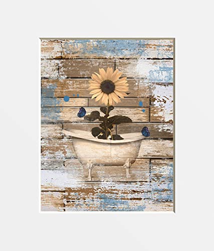 Brown Blue Bathroom Home Decor Wall Art Rustic Daisy Butterflies in Tub Matted Wall Decor Picture (8x10 photo with 11x14 mat, Brown Blue Rustic Daisy Tub)