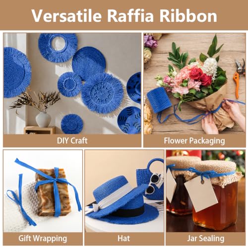 Image of BEVTEE 436 Yards Raffia Yarn for Crochet, Ribbons for Crafts, Blue | Paper Ribbon for Wrapping Christmas Crafts DIY Decoration, Easy to Tie, Perfect for Basket Weaving Supplies