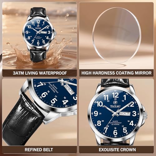 Men's Watches Leather Band Stainless Steel Quartz Analog Watch Luxury Waterproof Watches for Men Dress Men's Wrist Watch with Day Date Arabic Numeral Relojes para Hombre4