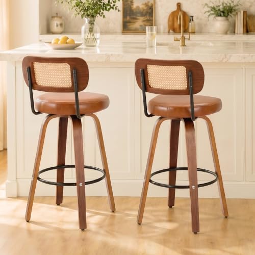 Image of Rattan Bar Stools Set of 2,Upholstered PU Leather, 30''Counter Height Barstools with Back and Wood Legs,360Swivel,Mid-Century Modern Bar Stool for kitchen Island Dining Room and Bar(Vintage Brown)