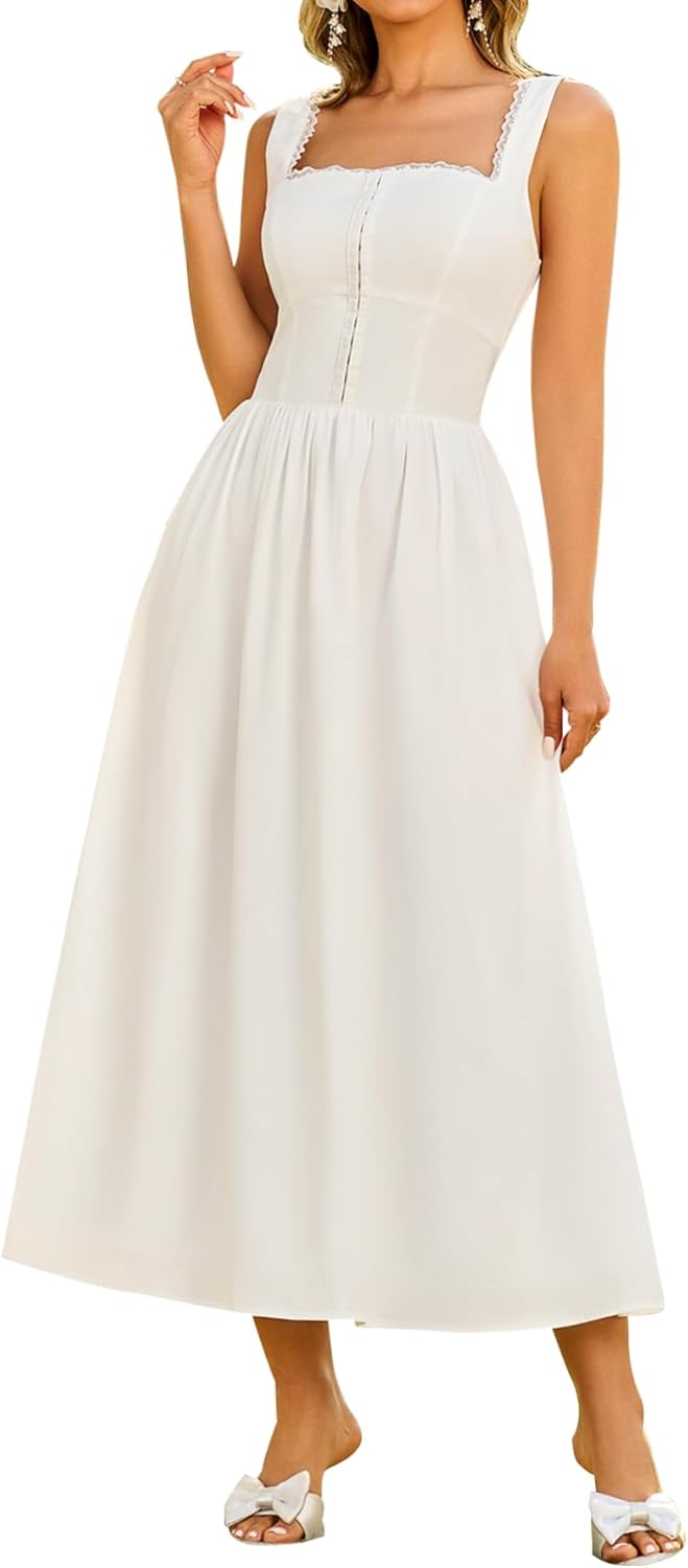 Size XS KUTUMAI Lace Square Neck Corset Midi Dress Summer Smocked Flowy A Line Casual Beach Sundress for Women 2025 Vacation White