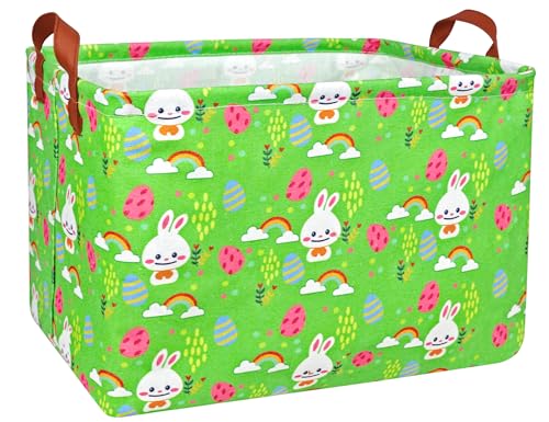 Image of Rectangle Empty Easter Baskets Boy Large Toy Storage Bin Girls collapsible Hamper Waterproof Canvas Box Kid Gifts Spring Decor( Rainbow Rabbit Egg )
