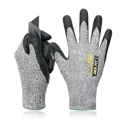 DEX FIT CRU453 Guanti da lavoro antitaglio Lite A5, 13‑Gauge 3D Comfort Fit, palmo in Nitrile a Base d’acqua, sottili & traspiranti, Touchscreen, lavabili;Grey L 1 Pair
