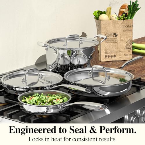 Image of Stainless Steel Frying Pan Set with Lid, Umite Chef 3Pcs Skillet Set (Includes 8 inch,10 inch,12 inch) - 5 Ply Stainless Clad - Heavy Duty & Professional Cookware Set, Fast & Even Heat, Dishwasher and Oven Safe
