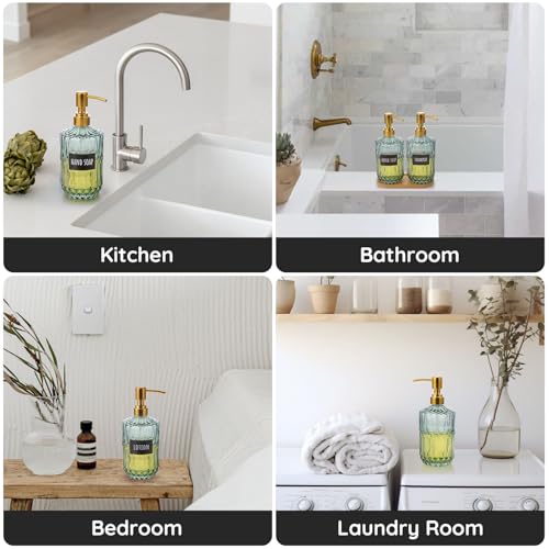 Image of Segbeauty 15.2oz Glass Shampoo and Conditioner Dispenser with Label Stickers, 2pcs Green Glass Soap Dispensers with Stainless Steel Pump, 450ml Lotion Pump Bottle Liquid Containers for Cream Body Wash