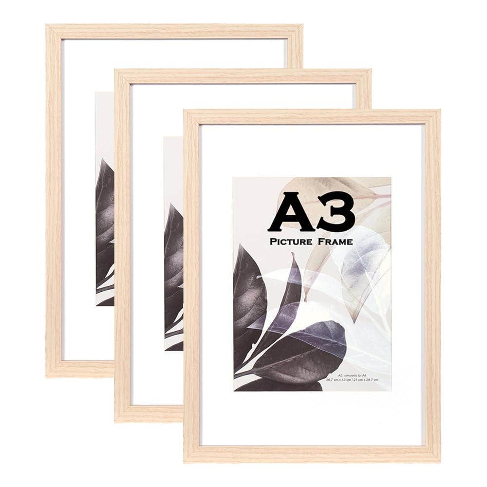 Scholar Tree Natural Wooden Picture Frame A3 with Mat,Set of 3, Mount for A4 Picture or Certificate,Wall Mountable