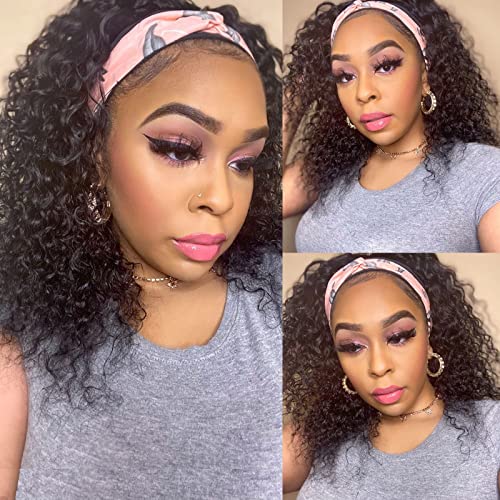 GIESWY Headband Wig Human Hair Kinky Curly Headband Wigs for Black Women Human Hair 150% Density Glueless Headband Wigs Natural Color 16 Inch