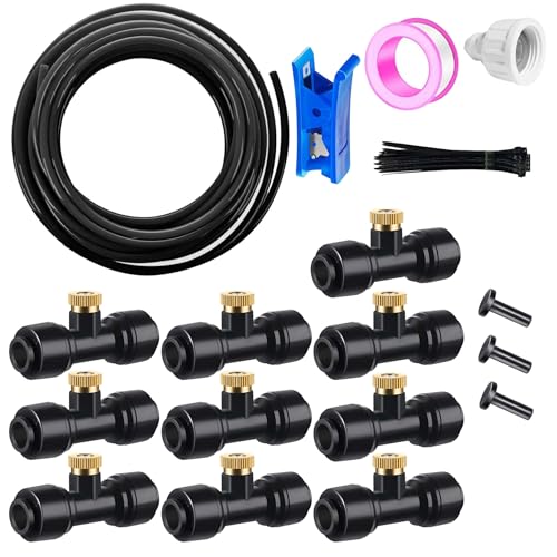HAXIHA Nebulizzatori da Esterno,Nebulizzatore Giardino Kit di irrigazione,Sistema di Irrigazione, 10m Nero Misting Line con 10 ugelli nebulizzatori in Ottone+3/4"Adattatore,per Serre,Giardini