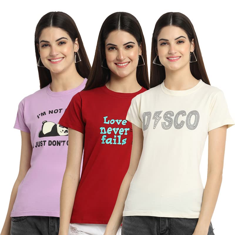 Image of Preneum Women's Cotton Regular Fit Graphic Printed T-Shirt | Trendy Stylish Casual Round Neck Short Sleeve Tee | Soft & Breathable | Pack of 3