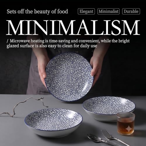 Image of Ceramic Pasta Plates, Blue & White Crackle Pattern Serving Plates, Ceramic Dinner Plates, Dishware for Pasta, Salad, Snacks & Meals, Microwave & Dishwasher Safe Crackle Mosaic Pattern, PACK OF 2)