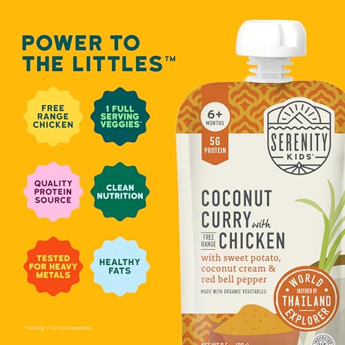 Image of Serenity Kids 6+ Months World Explorers Baby Food Pouches Puree Made With Ethically Sourced Meats & Organic Veggies | 3.5 Ounce BPA-Free Pouch | Chicken Coconut Curry | 1 Count