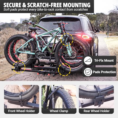 TRAILV2 Hitch Mount 2-Bike Rack with Bike Ramp - Tilt, Fold, Anti-Theft Hitch & Wheel Lock, 170lbs Capacity, 2-Inch Receiver, Up to 5.0" Fat Tire, Electric Bike Rack for Car, SUV, RV, Truck