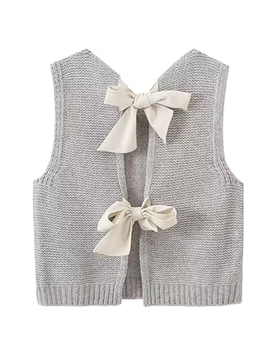 Womens Cute Bow Tie Open Back Cropped Sweater Vest Knit Tank Tops Y2k Girls Sleeveless Cardigan Pullover Shirts