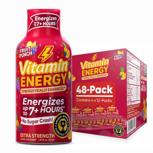 Image of Vitamin Energy Fruit Punch Extra Strength Energy Shot, 48 Pack - Up to 7 Hrs, 260mg Natural Caffeine, Zero Sugar - Green Tea Extract, Immune Support, B12 B6 Niacin, 1.93 fl oz, Keto Vegan