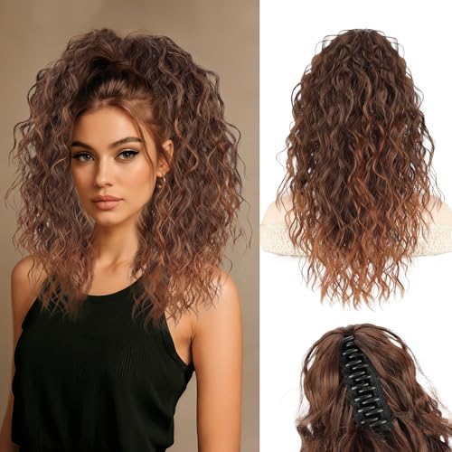 Stamped Glorious Ponytail Extension 18" Curly Wavy Pony Tail Claw Multi Layered Clip on Ponytail Extension Fluffy Natural Looking Synthetic Hair Piece for Women(Ombre Copper)