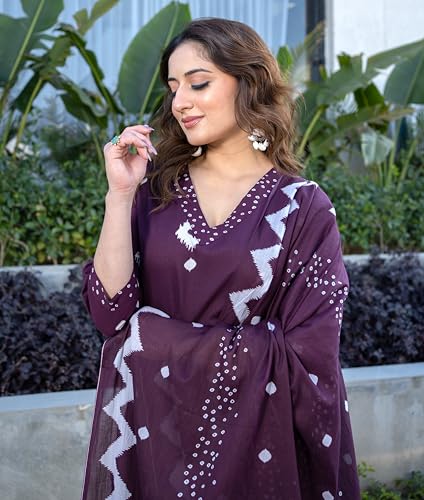 Arayna Women's Pure Cotton Bandhani Print Ethnic Kurta Set with Palazzo Pants & Dupatta, Burgundy Wine, 3X-Large