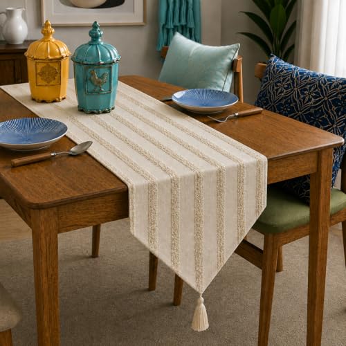 Image of STITCHNEST 'Nomad Weave Collection' Jacquard Table Runner 13x60 Inches| Tassel Finish | Modern Dining Table Decor